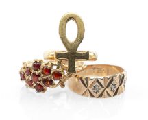 THREE GOLD RINGS comprising 9ct gold garnet ring, 9ct gold diamond chip ring, 18ct gold 'Ankh' ring,