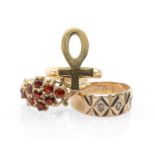 THREE GOLD RINGS comprising 9ct gold garnet ring, 9ct gold diamond chip ring, 18ct gold 'Ankh' ring,