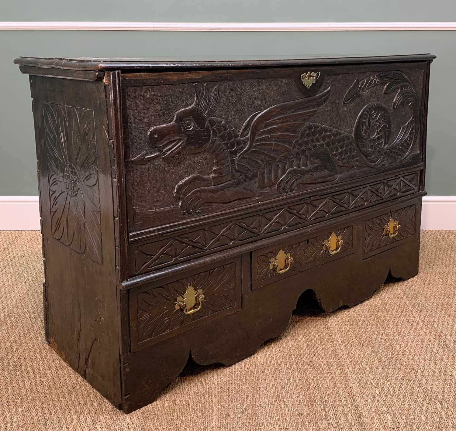 ANTIQUE OAK 'WELSH DRAGON' MULE CHEST, later carved recumbent Welsh dragon to front, upper converted - Image 2 of 3