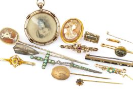 GROUP OF JEWELLERY comprising four pins including Masonic engraved, cameo, together with seven