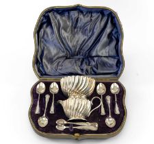 BOXED EDWARD VII SILVER PART TEASET, comprising cream jug, sugar bowl, sugar tongs and six tea