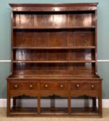 19TH C. SOUTH WALES OAK DRESSER, boarded back, three frieze drawers with pot board base,, 212 (h)