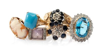 SIX 9CT GOLD DRESS RINGS, gems to include sapphires, diamond chips, cameo, turquoise, 20.3gms