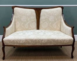 EDWARDIAN MAHOGANY SALON SETTEE, damask upholsery, shaped back with inlaid detail to frame, raised