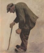 ‡ ANEURIN M. JONES (Welsh, 1930-2017) facsimile print - stooping farmer with flat cap and walking