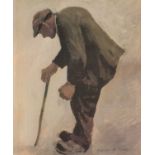 ‡ ANEURIN M. JONES (Welsh, 1930-2017) facsimile print - stooping farmer with flat cap and walking