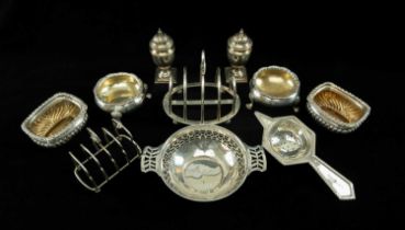 ASSORTED ANTIQUE SILVER CRUETS & TABLEWARE, comprising pair cauldron salts, pair gadrooned salts,