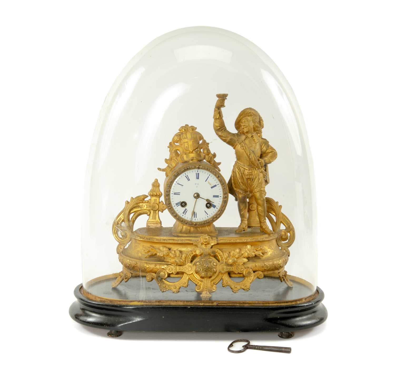 FRENCH GILT SPELTER MANTEL CLOCK, movement signed 'Platnauer Freres, Paris', Roman enamel dial