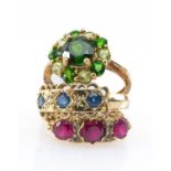 THREE GOLD RINGS comprising 9ct gold sapphire and diamond chip ring, 9ct gold ruby ring, 9ct gold