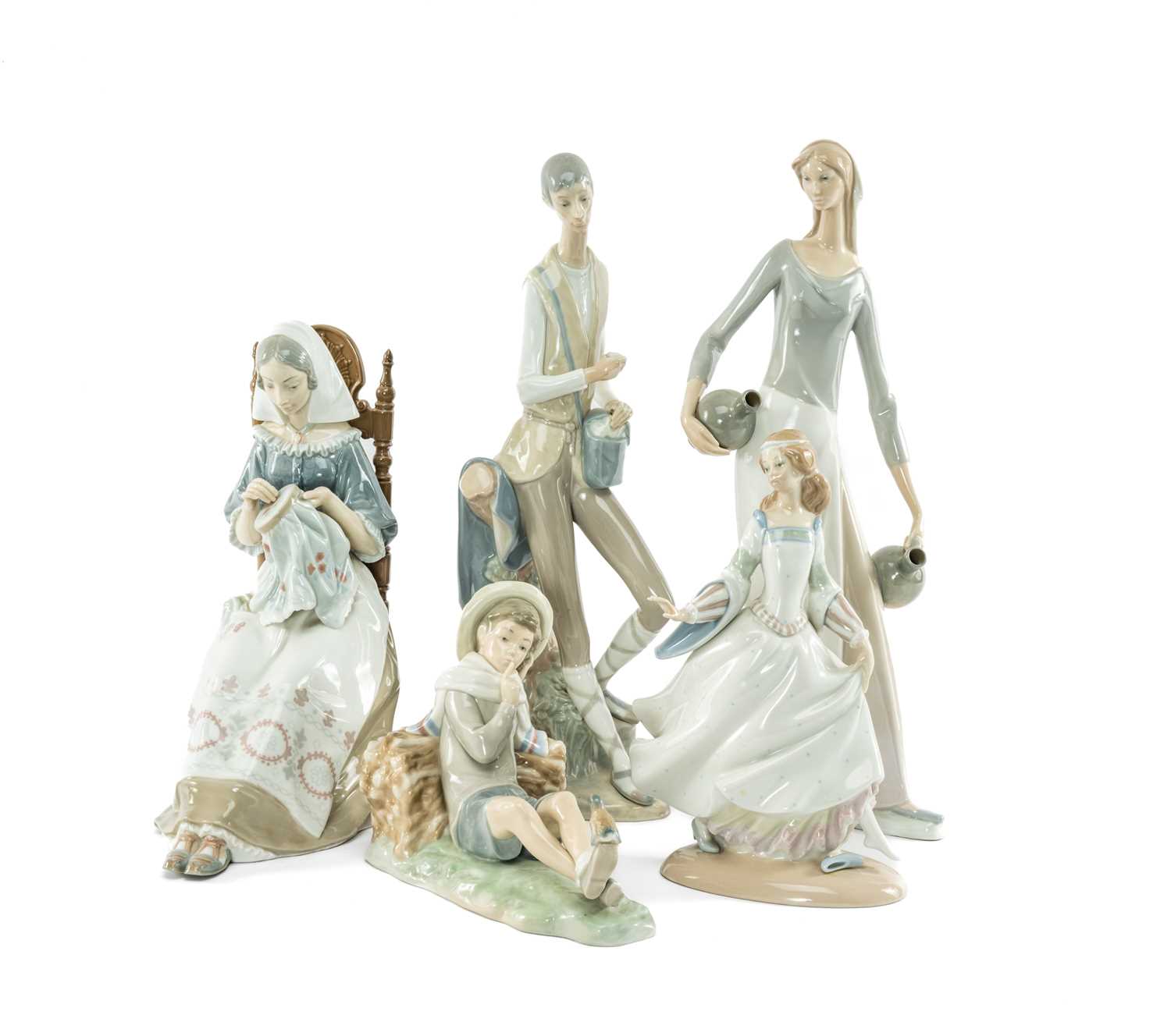 FIVE LLADRO FIGURINES including, Shepherd with Bird 4730, 16cms (h), Embroiderer 4865, 30cms (h),
