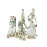 FIVE LLADRO FIGURINES including, Shepherd with Bird 4730, 16cms (h), Embroiderer 4865, 30cms (h),