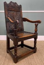 EARLY 18TH CENTURY JOINED OAK WAINSCOT ARMCHAIR, with foliate scrolled cresting rail above square