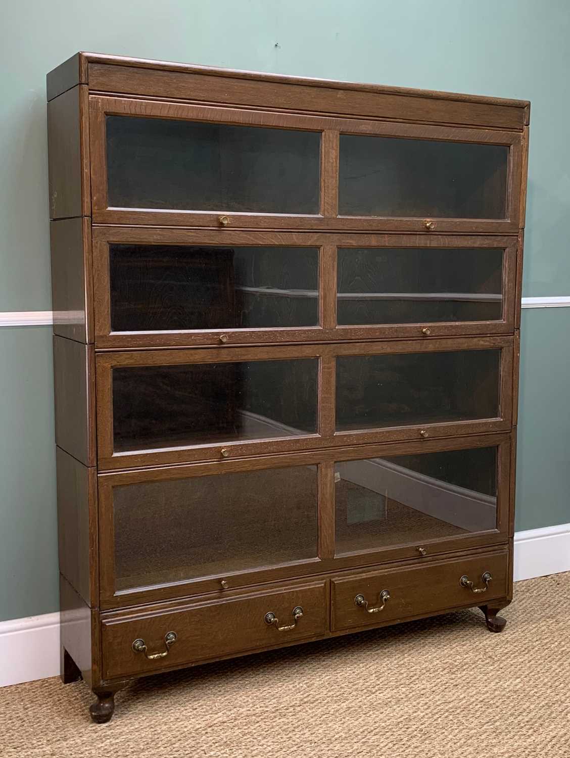 EARLY 20TH C. STAINED OAK WERNICKE STYLE BOOKCASE, four shelves with up-and-over glazed doors over - Image 2 of 2