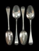 FOUR 18TH C. SILVER HANOVARIAN PATTERN TABLESPOONS, two rat-tail including one by Thomas Sadler