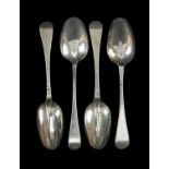 FOUR 18TH C. SILVER HANOVARIAN PATTERN TABLESPOONS, two rat-tail including one by Thomas Sadler