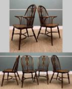 SET OF SIX VICTORIAN STYLE ELM & ASH WINDSOR DINING CHAIRS, includign tro armchairs, all with shaped