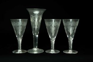 FOUR LARGE ENGRAVED GLASS GOBLETS, comprising set 3 with airtwist stems and fruiting vine