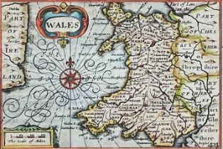 PIETER VAN DEN KEERE coloured antiquarian map entitled in cartouche 'Wales', showing the whole of