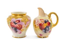 ROYAL WORCESTER 'AUTUMN FRUIT' JUG & JAR, the flat back jug painted by Kitty Blake, shape 1904,