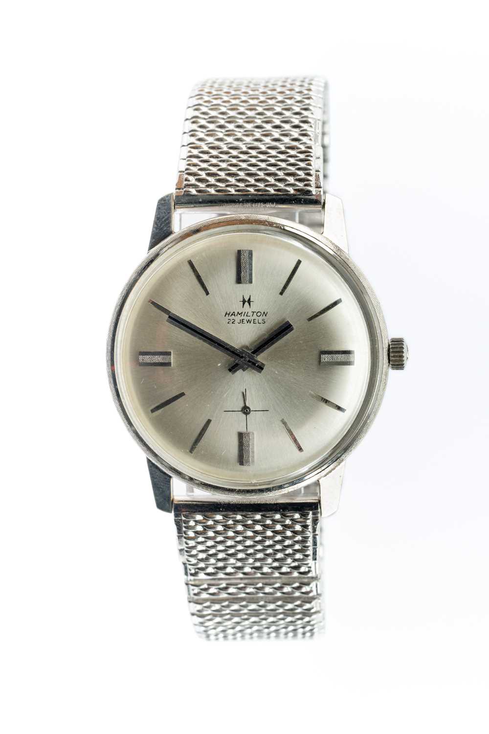 HAMILTON 14KT WHITE GOLD SLIMLINE WRISTWATCH, hour baton markers, expanding stainless steel bracelet