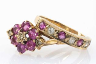 TWO GOLD RINGS comprising 9ct gold seven stone white gem stone and ruby ring, together with a 9ct