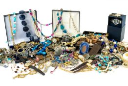 LARGE QUANTITY OF COSTUME JEWELLERY & COINS including tin and coin contents predominantly comprising