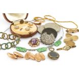 ASSORTED JEWELLERY & COINS, including 2 pairs 9ct gold cufflinks, another single, bar brooch and