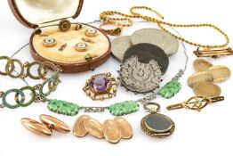 ASSORTED JEWELLERY & COINS, including 2 pairs 9ct gold cufflinks, another single, bar brooch and