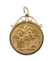 VICTORIAN GOLD SOVEREIGN, 1879, young head, in 9ct gold pendant mount, 9.6gms Provenance: private