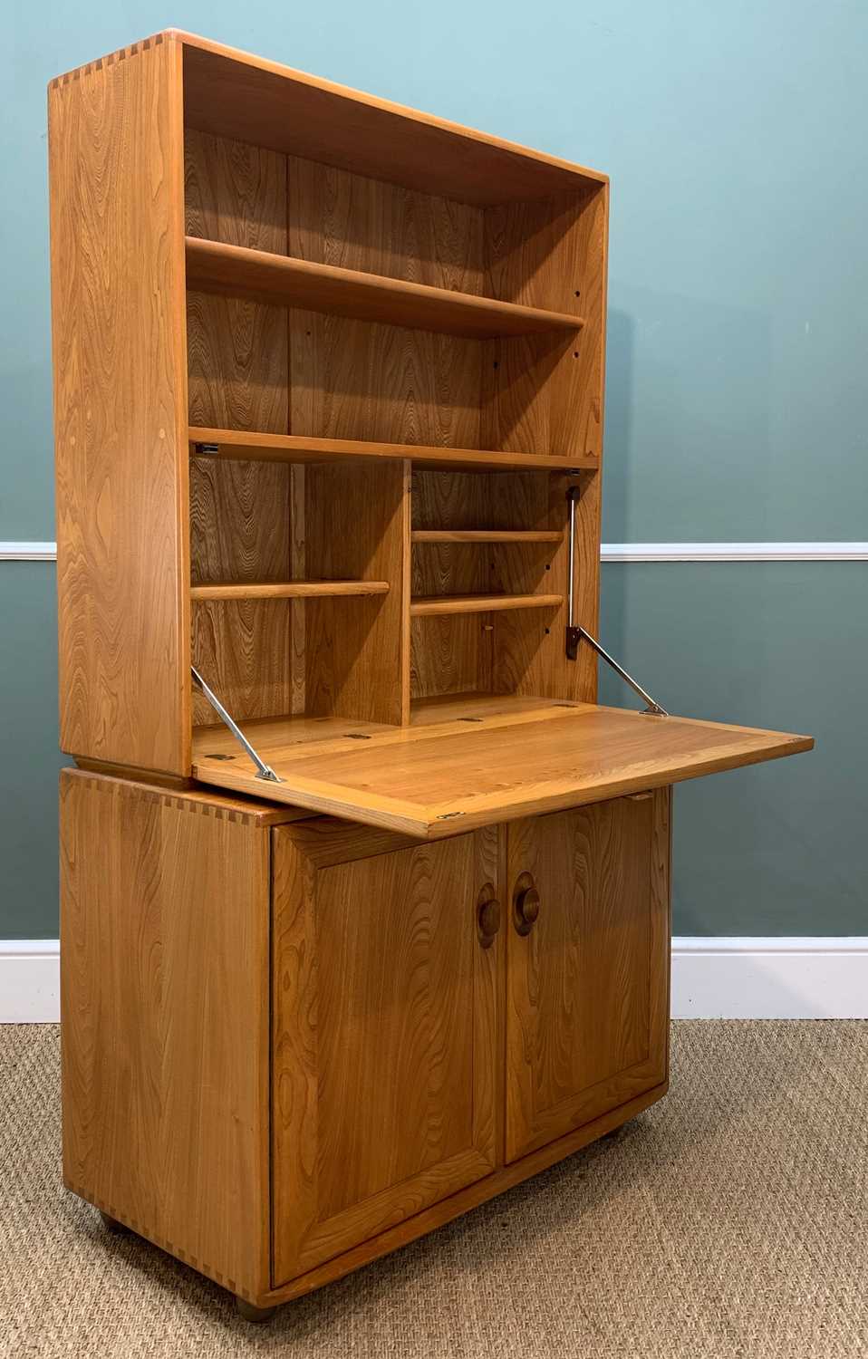 MID-CENTURY ERCOL BUREAU/DRINKS CABINET 802/813, gold label, solid elm and beech, natural colour,