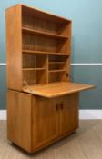 MID-CENTURY ERCOL BUREAU/DRINKS CABINET 802/813, gold label, solid elm and beech, natural colour,