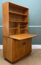 MID-CENTURY ERCOL BUREAU/DRINKS CABINET 802/813, gold label, solid elm and beech, natural colour,