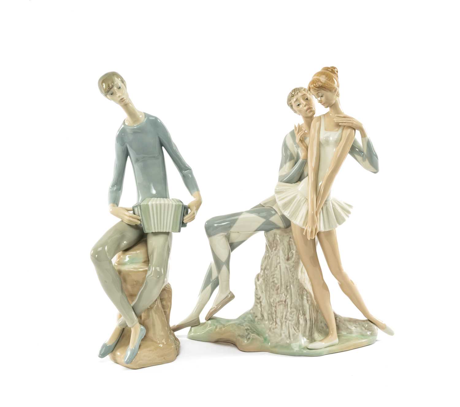 TWO RARE LLADRO FIGURINES, Man Playing Accordian 8505, 35cms (h) and Idyl 1017, 36cms (h), (2)