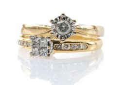 TWO GOLD RINGS comprising 18k gold princess cut four stone diamond ring, diamond shoulders, 2.