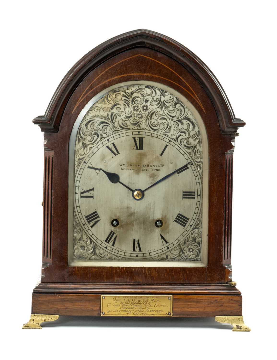 FRENCH MAGHOGANY MANTEL CLOCK, c. 1910, Vincenti et Cie, lancet case, with grille door and brass - Image 3 of 3