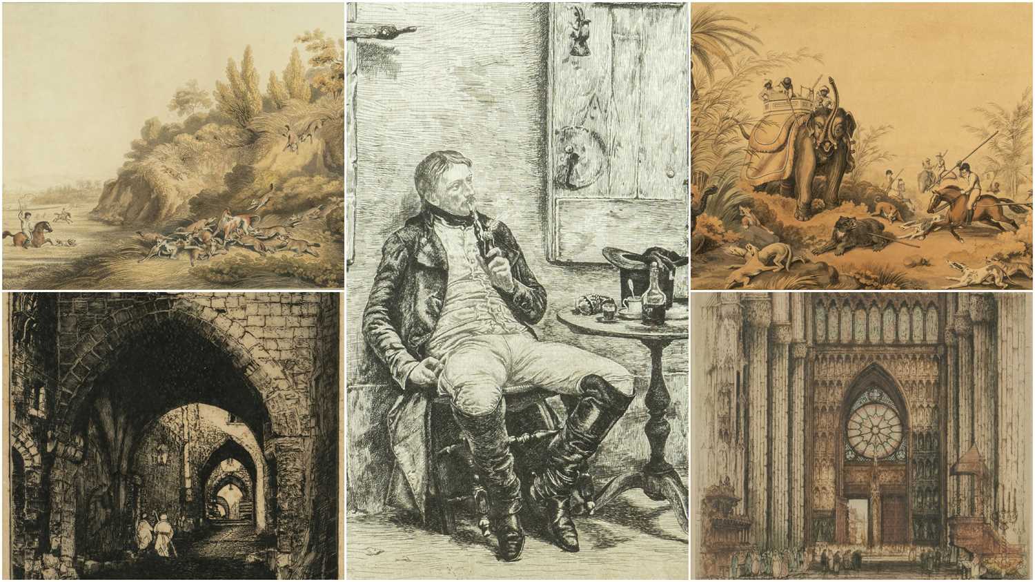 ASSORTED PRINTS, including two coloured lithographs of Asian Black Bear Hunt and Hunting Jackalls by