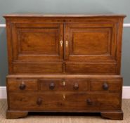 EARLY 19TH C. OAK PRESS CUPBOARD, probably Cardiganshire, inlaid frieze, panelled doors, pine