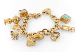 9CT GOLD CURB LINK CHARM BRACELET, heart shaped padlock, eight 9ct gold charms including pram,
