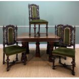 AMERICAN WATERTOWN EXTENDING OAK DINING TABLE & CAROLEAN-STYLE CHAIRS, table with six 24.5cm leaves,