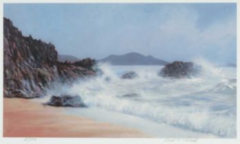 ‡ DAVID T WILLIAMS limited edition (1/150) print - a rocky shoreline with crashing waves, signed