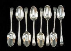 TWO SETS GEORGE III SILVER 'OLD ENGLISH' PATTERN TABLESPOONS, one set London 1774, with feather