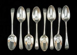 TWO SETS GEORGE III SILVER 'OLD ENGLISH' PATTERN TABLESPOONS, one set London 1774, with feather