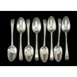 TWO SETS GEORGE III SILVER 'OLD ENGLISH' PATTERN TABLESPOONS, one set London 1774, with feather