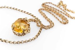 CITRINE 9CT GOLD PENDANT on 9ct gold chain together with 9ct gold circle link bracelet, 15.6gms