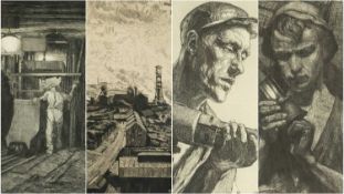 HERMANN KATELHON (German, 1884-1940) four etchings - Pithead; Miners with coal trucks, both signed