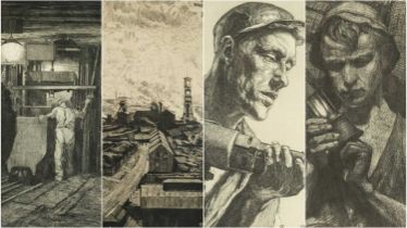 HERMANN KATELHON (German, 1884-1940) four etchings - Pithead; Miners with coal trucks, both signed