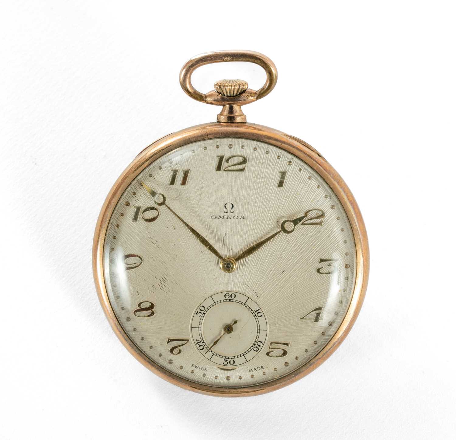 OMEGA GOLD PLATED SLIM POCKET WATCH, c. 1930s, signed silvered & sunburst-textured Arabic dial