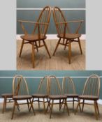 SET EIGHT MID-CENTURY ERCOL 'QUAKER' WINDSOR CHAIRS, six chairs with oatmeal seat cushions, two