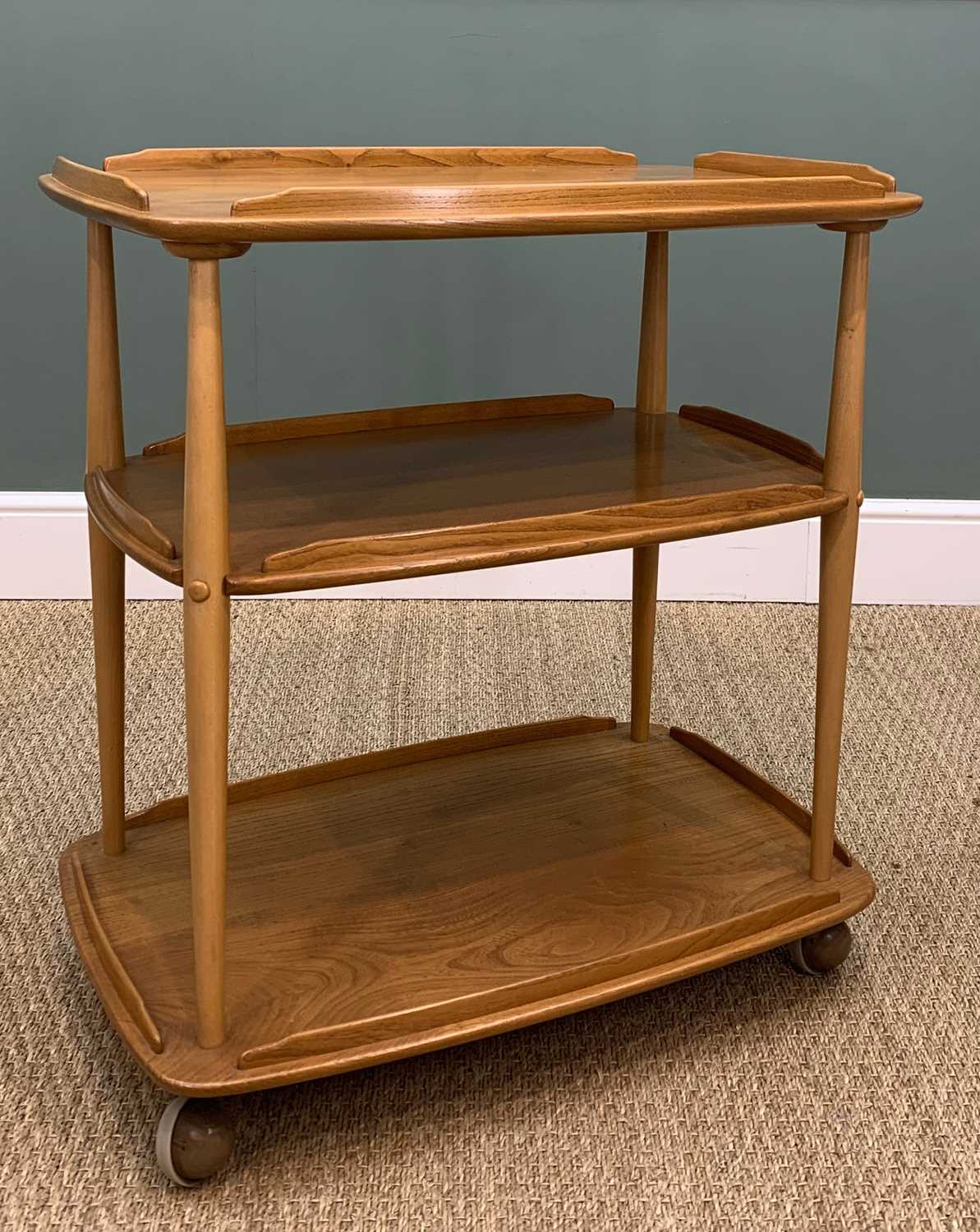 MID-CENTURY ERCOL 458 WINDSOR THREE TIER TROLLEY, gold label, solid elm and beech, natural colour, - Image 3 of 3