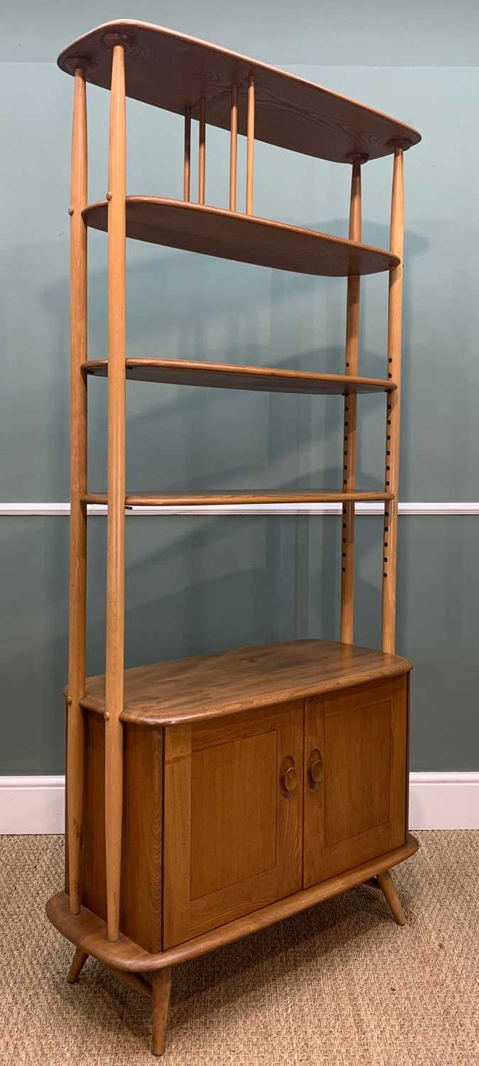 MID-CENTURY ERCOL 363 'GIRAFFE' BOOKCASE/ROOM DIVIDER, blue label, solid elm and beech, top shelf